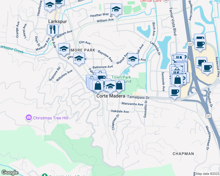 map of restaurants, bars, coffee shops, grocery stores, and more near in Corte Madera