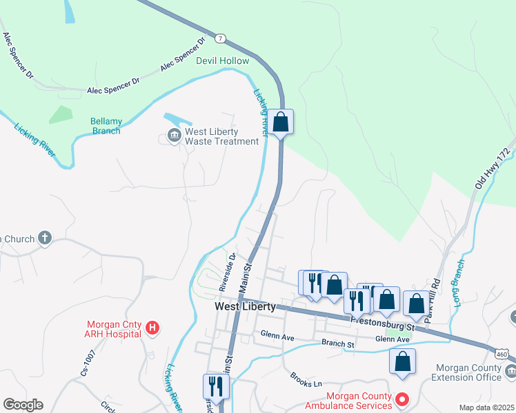 map of restaurants, bars, coffee shops, grocery stores, and more near 100 Bellamy Court in West Liberty