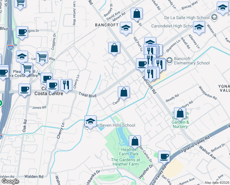 map of restaurants, bars, coffee shops, grocery stores, and more near 120 Northcreek Circle in Walnut Creek