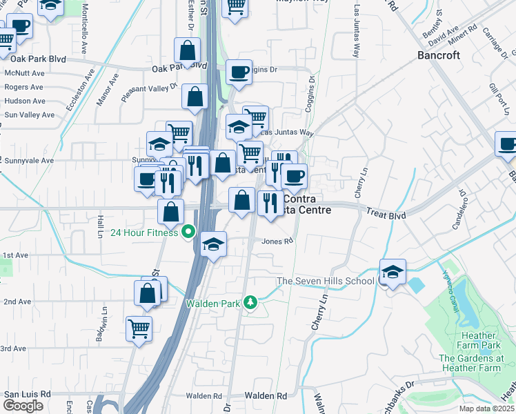 map of restaurants, bars, coffee shops, grocery stores, and more near 1350 Treat Boulevard in Walnut Creek