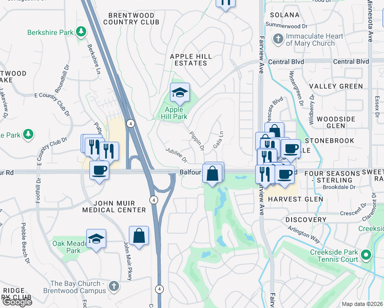 map of restaurants, bars, coffee shops, grocery stores, and more near 117 Scarlet Way in Brentwood