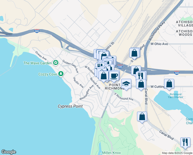 map of restaurants, bars, coffee shops, grocery stores, and more near 218 Washington Avenue in Richmond