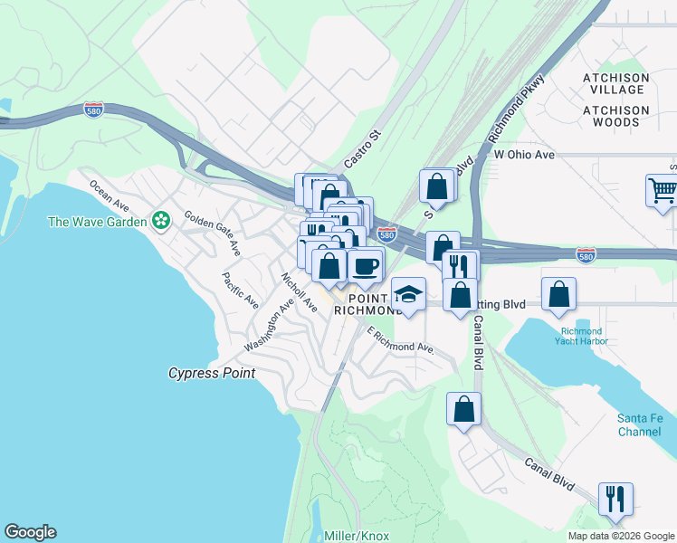 map of restaurants, bars, coffee shops, grocery stores, and more near 157 Park Place in Richmond