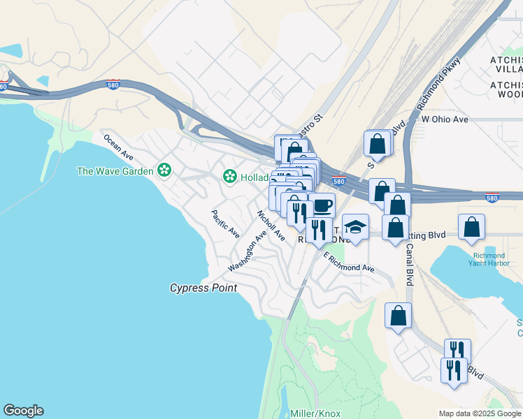 map of restaurants, bars, coffee shops, grocery stores, and more near 126 Nicholl Avenue in Richmond