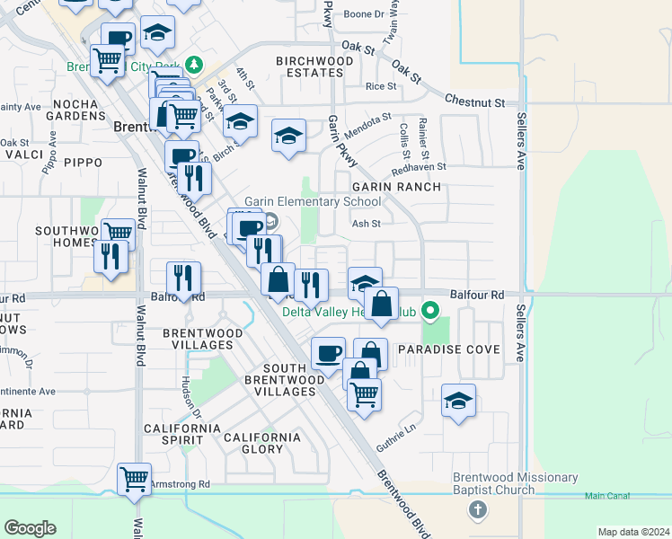 map of restaurants, bars, coffee shops, grocery stores, and more near 511 Viola Court in Brentwood