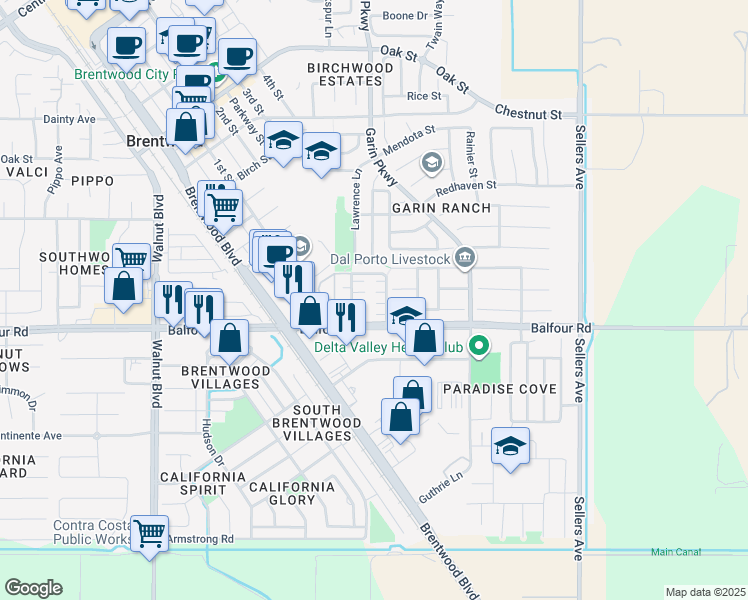 map of restaurants, bars, coffee shops, grocery stores, and more near 511 Viola Court in Brentwood