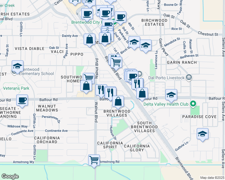 map of restaurants, bars, coffee shops, grocery stores, and more near 4603 Balfour Road in Brentwood