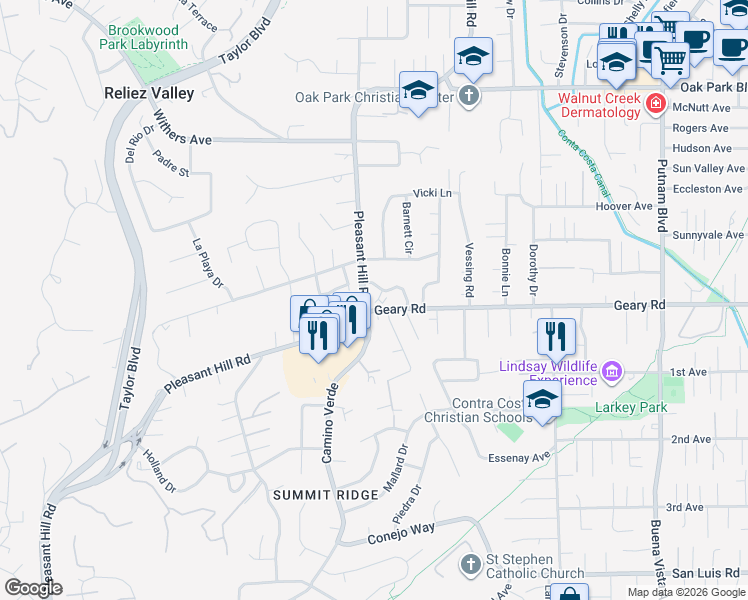 map of restaurants, bars, coffee shops, grocery stores, and more near 2211 Geary Road in Walnut Creek