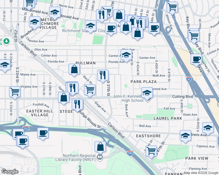 map of restaurants, bars, coffee shops, grocery stores, and more near in Richmond