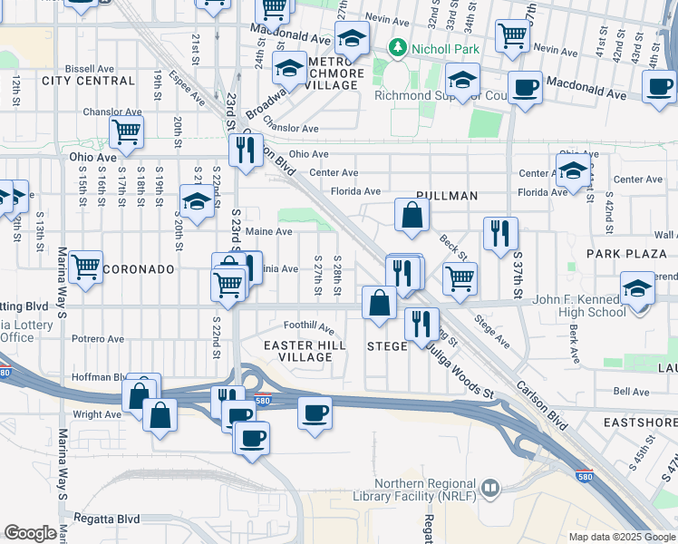 map of restaurants, bars, coffee shops, grocery stores, and more near 423 South 28th Street in Richmond