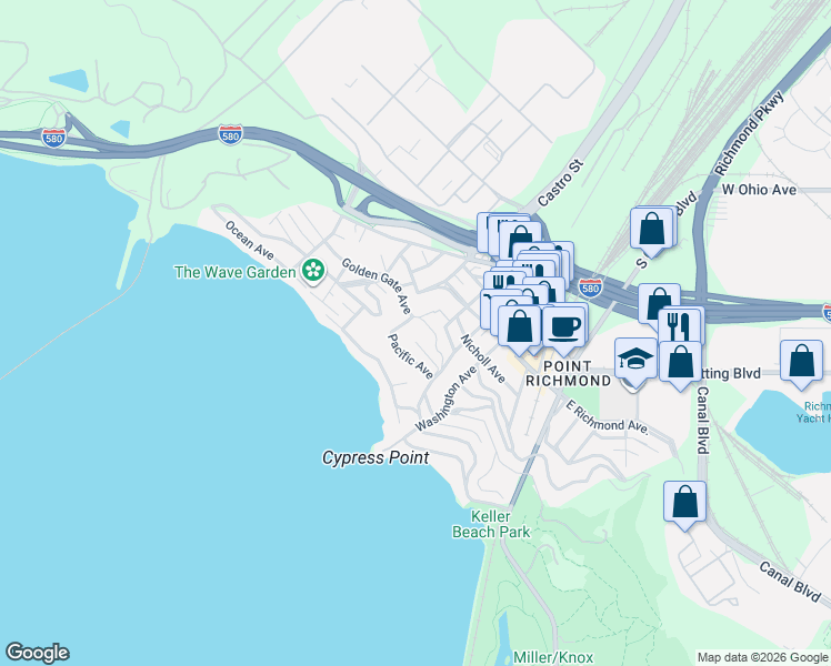 map of restaurants, bars, coffee shops, grocery stores, and more near 328 Pacific Avenue in Richmond