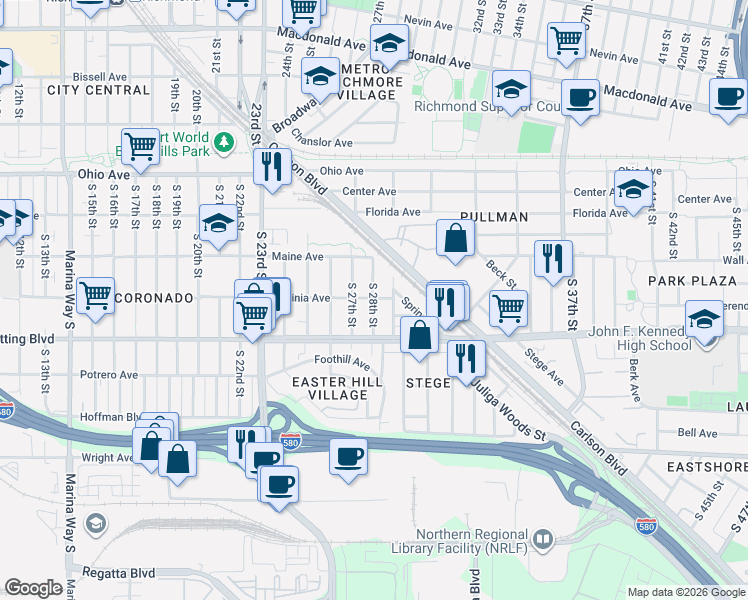 map of restaurants, bars, coffee shops, grocery stores, and more near 423 South 28th Street in Richmond