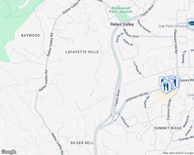 map of restaurants, bars, coffee shops, grocery stores, and more near 3265 Greenhills Drive in Lafayette