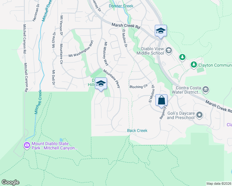 map of restaurants, bars, coffee shops, grocery stores, and more near 406 Mount Sequoia Court in Clayton