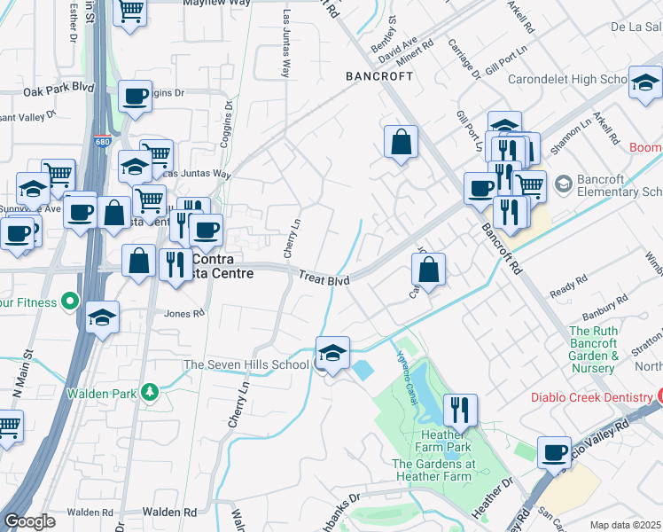 map of restaurants, bars, coffee shops, grocery stores, and more near 1111 Treat Boulevard in Walnut Creek