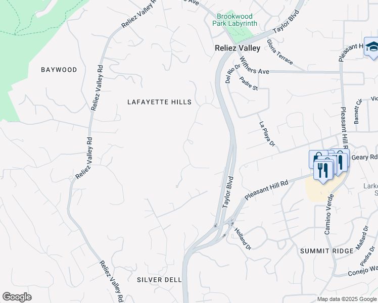 map of restaurants, bars, coffee shops, grocery stores, and more near 3265 Greenhills Drive in Lafayette