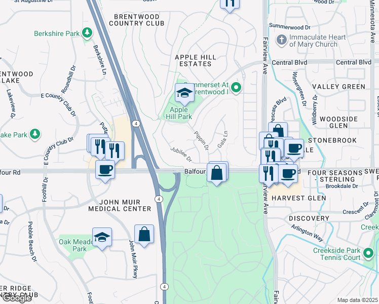 map of restaurants, bars, coffee shops, grocery stores, and more near 84 Spencer Way in Brentwood
