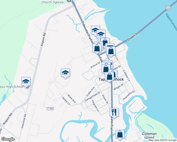 map of restaurants, bars, coffee shops, grocery stores, and more near 468 Prince St in Tappahannock