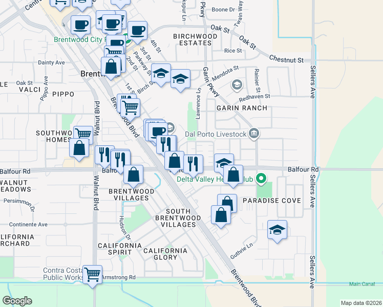 map of restaurants, bars, coffee shops, grocery stores, and more near 452 Tulip Court in Brentwood