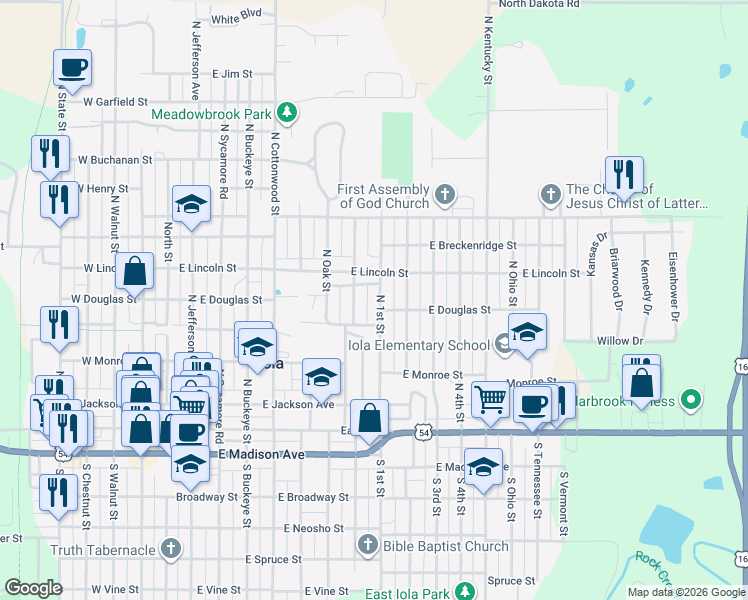 map of restaurants, bars, coffee shops, grocery stores, and more near 358-398 North 1st Street in Iola