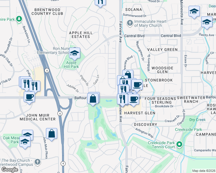 map of restaurants, bars, coffee shops, grocery stores, and more near 75 Apple Hill Drive in Brentwood