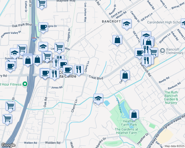 map of restaurants, bars, coffee shops, grocery stores, and more near 2850 Cherry Lane in Walnut Creek