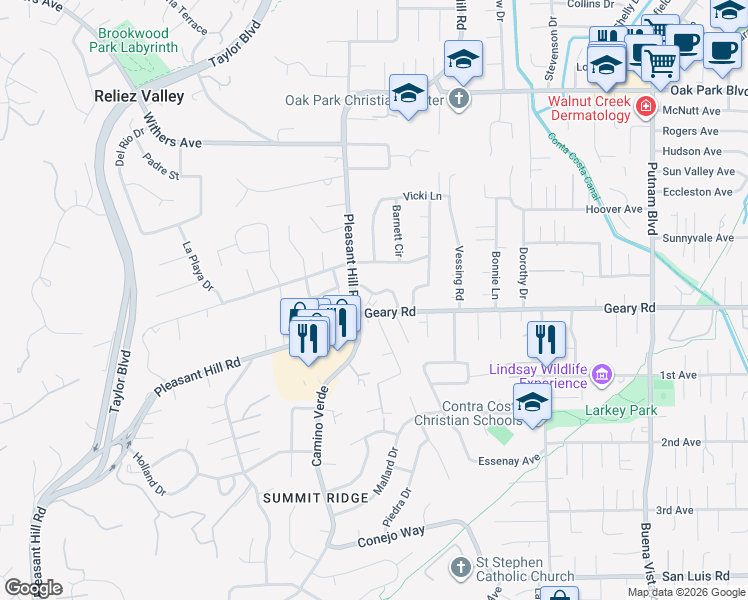map of restaurants, bars, coffee shops, grocery stores, and more near 2872 Melillo Drive in Walnut Creek
