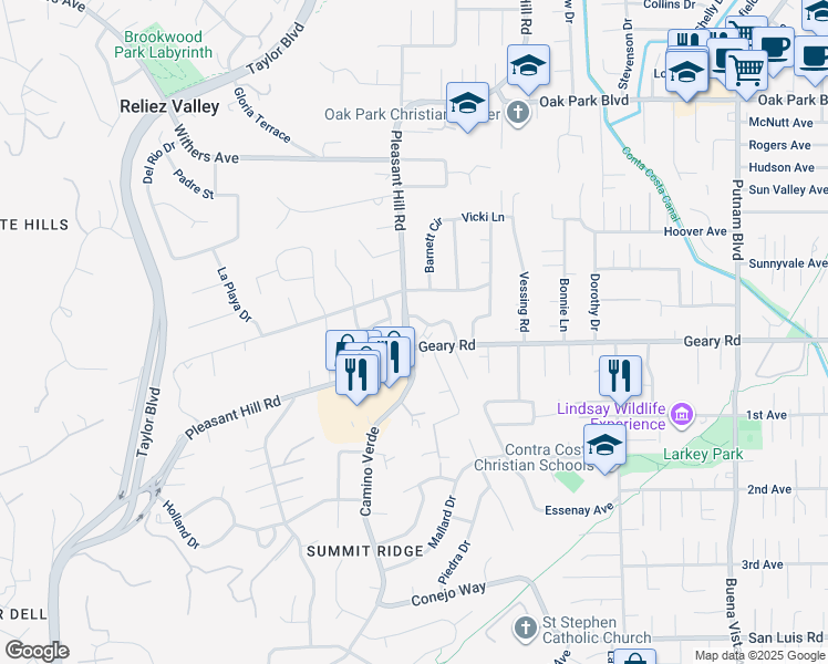 map of restaurants, bars, coffee shops, grocery stores, and more near 2211 Geary Road in Walnut Creek