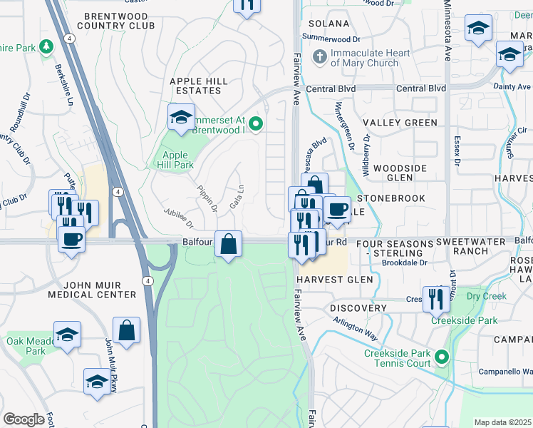 map of restaurants, bars, coffee shops, grocery stores, and more near 75 Apple Hill Drive in Brentwood