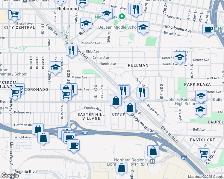 map of restaurants, bars, coffee shops, grocery stores, and more near 422 Spring Street in Richmond