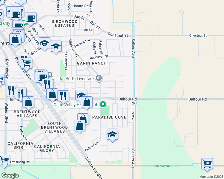 map of restaurants, bars, coffee shops, grocery stores, and more near 812 Allen Court in Brentwood