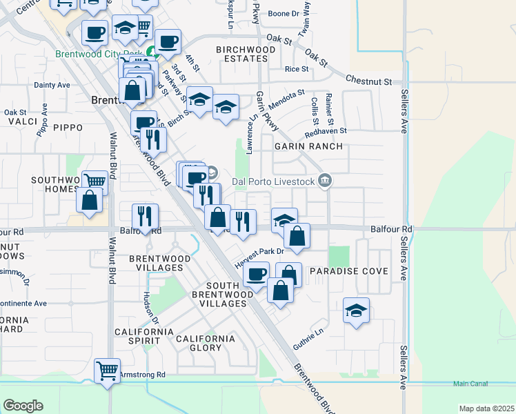 map of restaurants, bars, coffee shops, grocery stores, and more near 452 Tulip Court in Brentwood