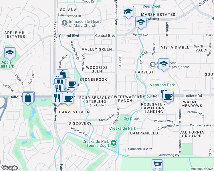map of restaurants, bars, coffee shops, grocery stores, and more near 120 Catchings Court in Brentwood