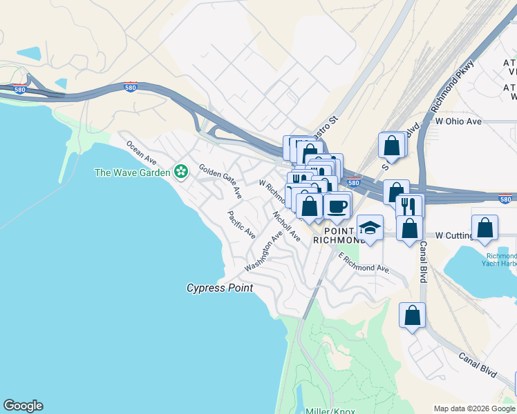 map of restaurants, bars, coffee shops, grocery stores, and more near 312 Golden Gate Avenue in Richmond