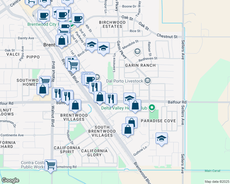 map of restaurants, bars, coffee shops, grocery stores, and more near 472 Chicory Court in Brentwood