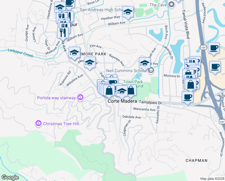 map of restaurants, bars, coffee shops, grocery stores, and more near 2 Tamalpais Drive in Corte Madera