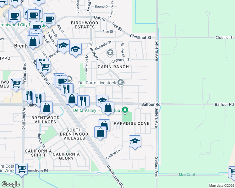 map of restaurants, bars, coffee shops, grocery stores, and more near 710 Piva Court in Brentwood