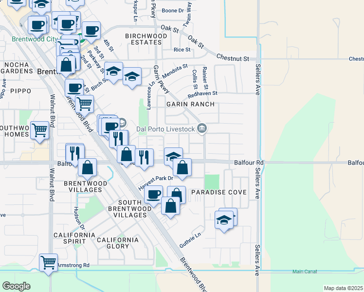 map of restaurants, bars, coffee shops, grocery stores, and more near 130 Malaga Way in Brentwood