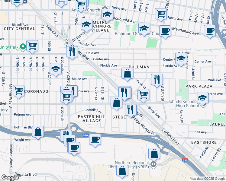 map of restaurants, bars, coffee shops, grocery stores, and more near 418 Spring Street in Richmond