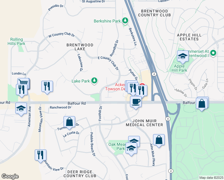map of restaurants, bars, coffee shops, grocery stores, and more near 107 Putter Drive in Brentwood