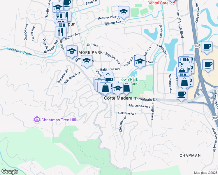 map of restaurants, bars, coffee shops, grocery stores, and more near 2 Tamalpais Drive in Corte Madera