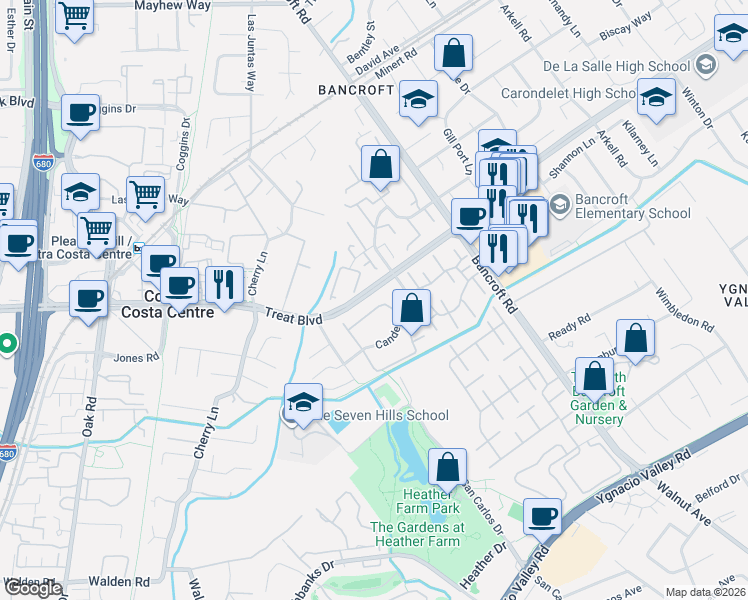 map of restaurants, bars, coffee shops, grocery stores, and more near 120 Northcreek Circle in Walnut Creek