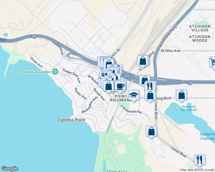 map of restaurants, bars, coffee shops, grocery stores, and more near 157 Park Place in Richmond