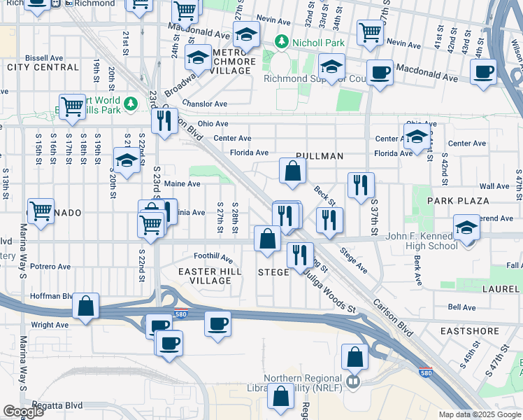 map of restaurants, bars, coffee shops, grocery stores, and more near 2914 Johnson Avenue in Richmond