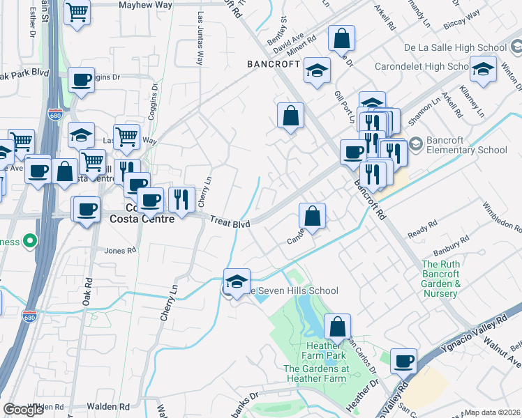 map of restaurants, bars, coffee shops, grocery stores, and more near 1640 Candelero Court in Walnut Creek