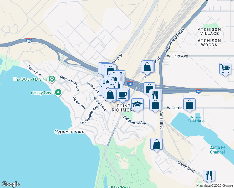 map of restaurants, bars, coffee shops, grocery stores, and more near 54 Railroad Avenue in Richmond