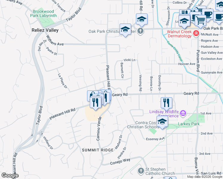 map of restaurants, bars, coffee shops, grocery stores, and more near 2180 Geary Road in Pleasant Hill