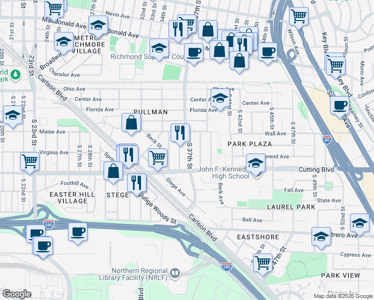 map of restaurants, bars, coffee shops, grocery stores, and more near 369 South 37th Street in Richmond