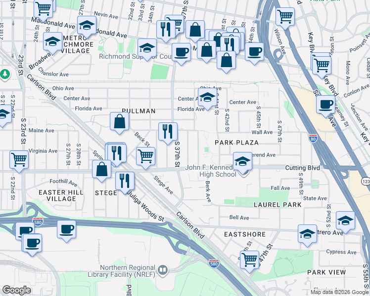 map of restaurants, bars, coffee shops, grocery stores, and more near 322 South 37th Street in Richmond