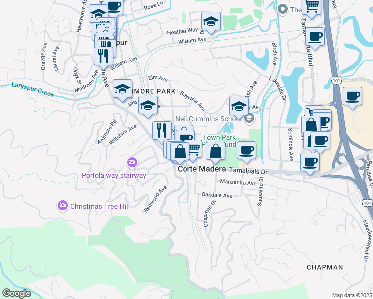 map of restaurants, bars, coffee shops, grocery stores, and more near 121 Redwood Avenue in Corte Madera